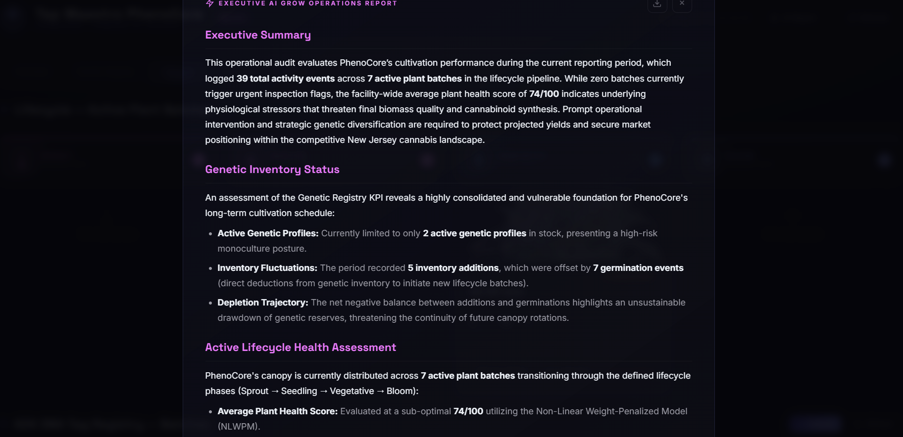 PHENOCORE Executive AI Grow Operations Report — executive summary, genetic inventory status, and active lifecycle health assessment