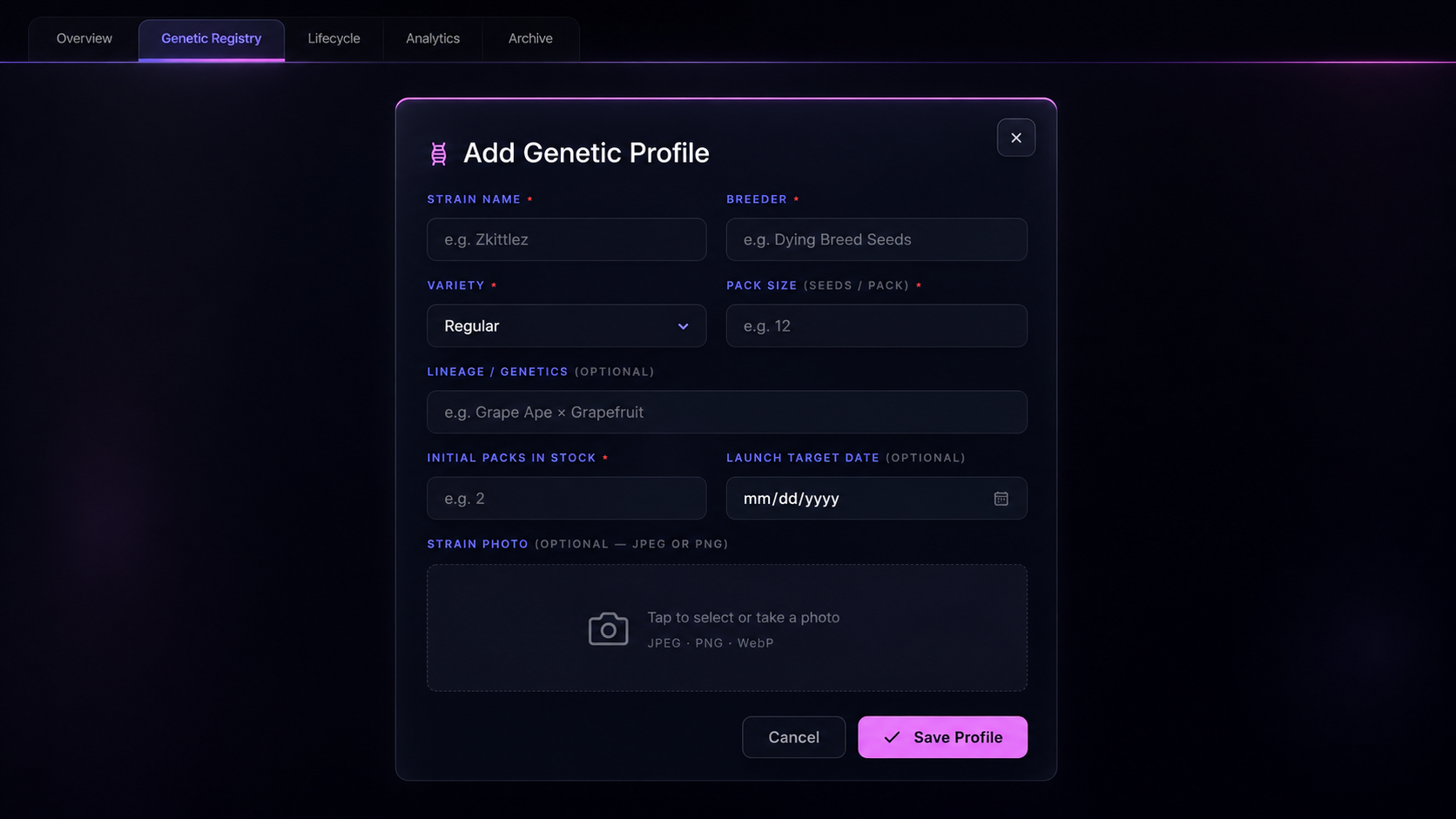 PHENOCORE Add Genetic Profile modal