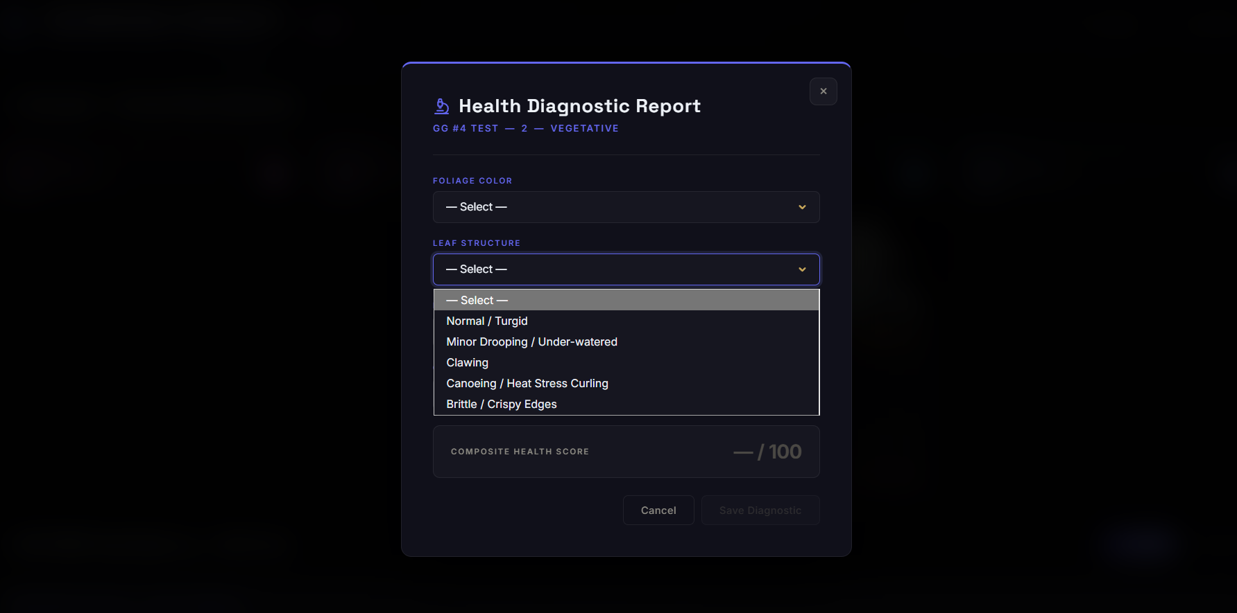 PHENOCORE Health Diagnostic Report — foliage color, leaf structure, composite health score